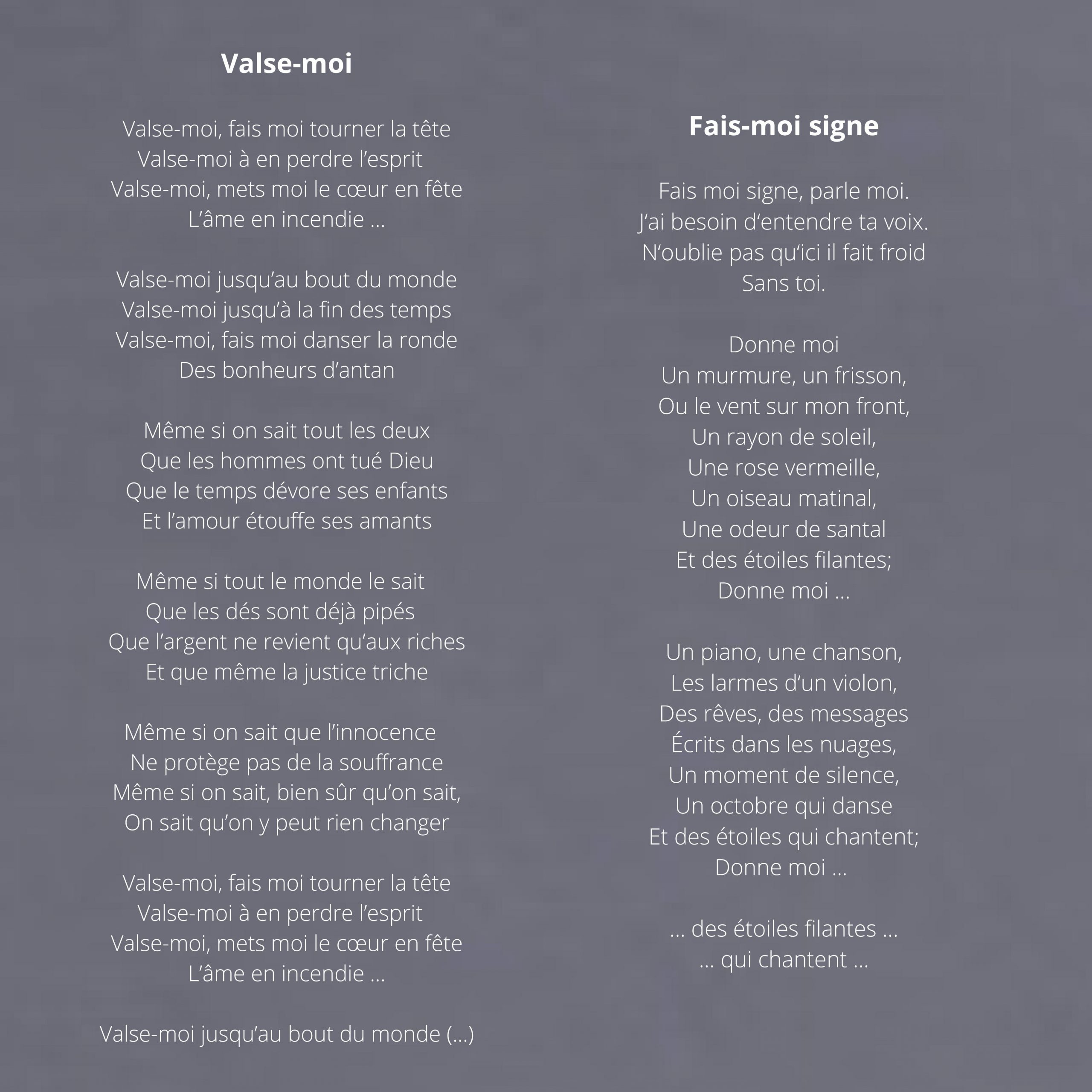 Songtexte Valse-moi und Fais-moi signe Véronique Elling